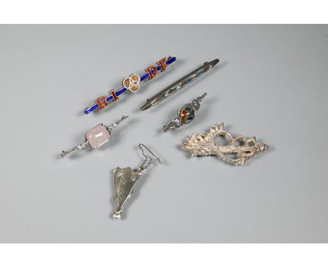 A selection of five various bar brooches including enamel brooch featuring initials RI and DF; Arts &amp; Crafts enamel brooc