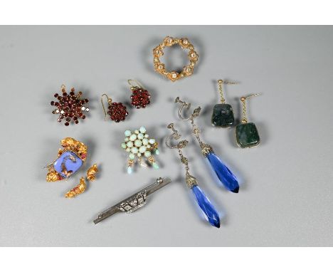 A collection of jewellery items including a Victorian turquoise bead brooch, red stone cluster pendant and pair of drop earri