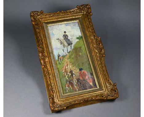 John Charlton - hunting scene, signed JC1906, oil on panel, 14 x 11 cm, inscribed on reverse 'To Marjorie Cope with every goo
