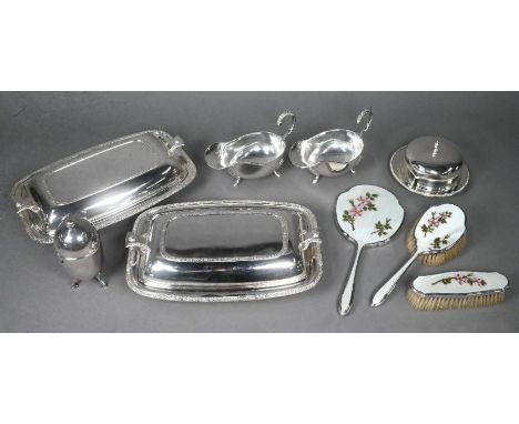 Silver and enamel three piece brush set with hand mirror, decorated with roses, Walker &amp; Hall, Sheffield 1954 to/w variou