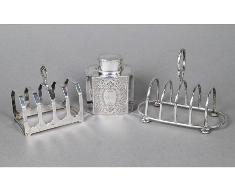 A late Victorian silver tea caddy in the Georgian taste, Atkins Bros, Sheffield 1897, 7.5 cm high to/w a wire toast rack, Bir