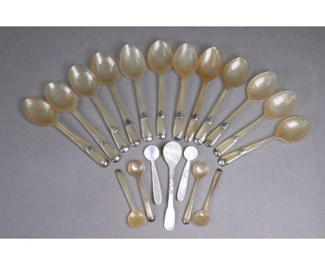 Set of twelve horn tea/caviar spoons with silver mounts (stamped 925) to/w four matching salt spoons; lot also includes mothe