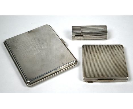 Asprey Art Deco silver powder compact with ridged design, London 1946 to/w a similar lipstick-case with flip-up mirror, SJ Ro