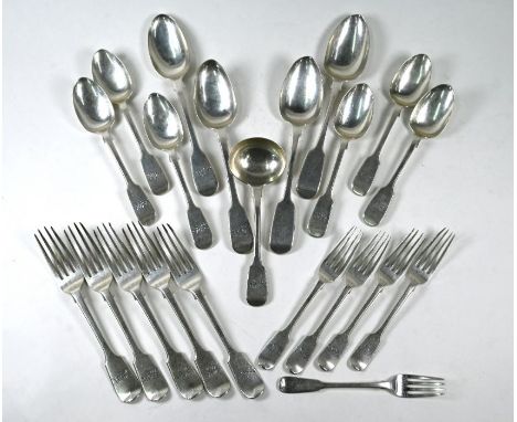 A matched part set of mostly Victorian fiddle pattern flatware, comprising six dessert spoons, four dessert forks, five table