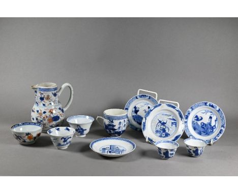 A collection of 18th century Chinese porcelain, Qing dynasty, including four various blue and white wine cups painted with fi