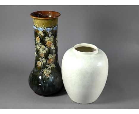 A Royal Doulton glazed stoneware vase, tubeline-decorated with trailing flowers and foliage, on a mottled brown-to-blue groun