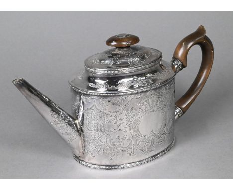 A George III silver teapot of oval form with caddy-moulded top and straight tapering spout, later engraved overall in the Roc