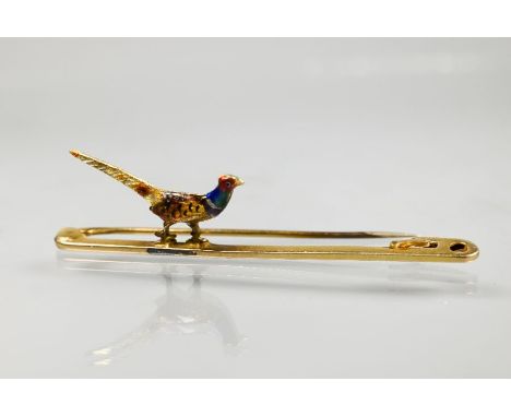 A Victorian pin brooch with polychrome enamel pheasant, 15ct yellow gold, 5 cm long, 2.8g
