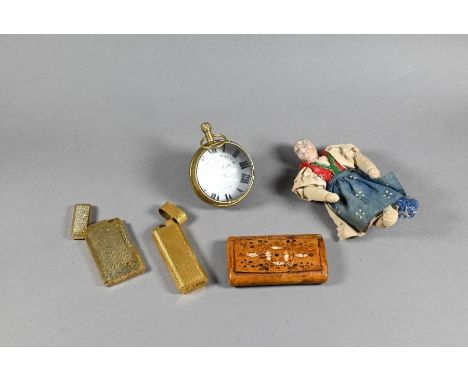 A Cartier gold-plated cigarette lighter with engine-turned body to/w a Calibri lighter; lot also includes a glass and brass b