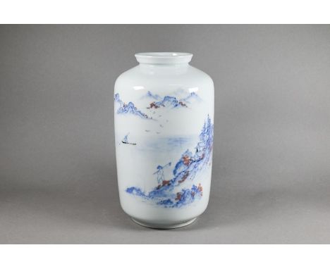 A Chinese cylindrical lantern vase, denlong ping, painted in underglaze blue and copper red with figures in a mountainous riv