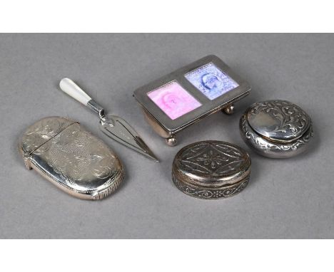 A silver reproduction stamp-box, trowel bookmark, vesta case and pill box, to/w a Continental .830 grade pill-box (5)