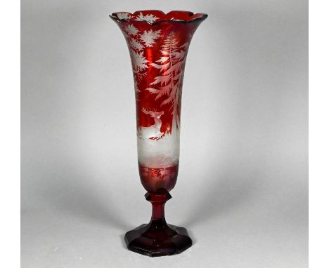 A 19th century Bohemian large ruby flash glass vase, finely-etched with stag and hounds in woodland setting, 39.5 cm hightwo 