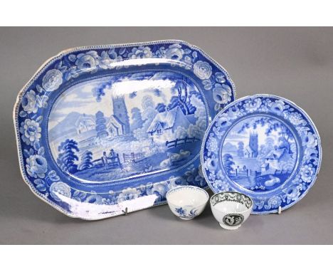 A First Period Worcester tea bowl with sparsely-painted blue and white floral decoration, 7.5 cm diam, to/w a pottery tea-bow