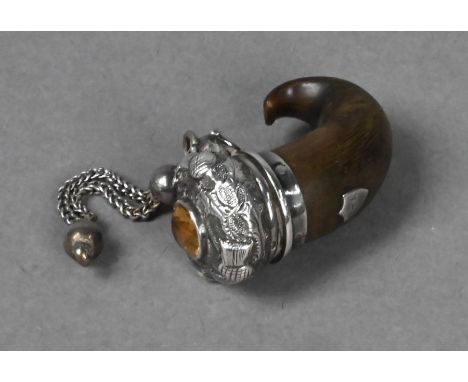 An unusual Victorian miniature horn fob snuff-mull, the hinged silver cover set with a Cairngorm, maker SG, Birmingham 1887, 