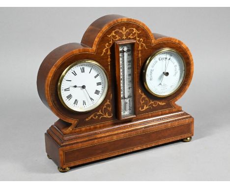 A late 19th / 20th century Inlaid red walnut combination clock, barometer, thermometer desk set, 30 cm w x 26 cm h