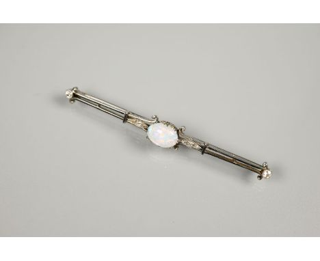 An Arts &amp; Crafts opal and diamond bar brooch, probably platinum set, 7 cm long