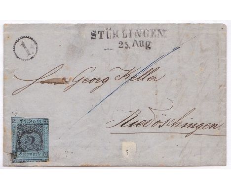 Germany (Baden) 1859 EL with 3k on blue (SG10), SL Stuhlingen/ 25 Aug, stamp fault corner left