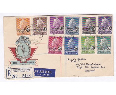 Pacific (Gilbert & Ellice Islands) - Christmas Island - 1958 Definitive Set  (SG1-10) on First day Cover, Registered Christma