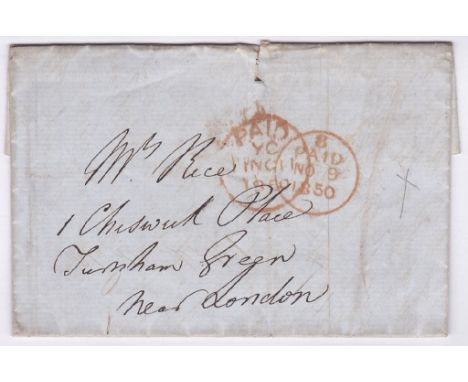London 1835 EL-Tooting to Penzance( SL TP) Tooting arc 7 o'clock night mark, 1d rate charged to 2d rate, 1/1 M/S changed to 1