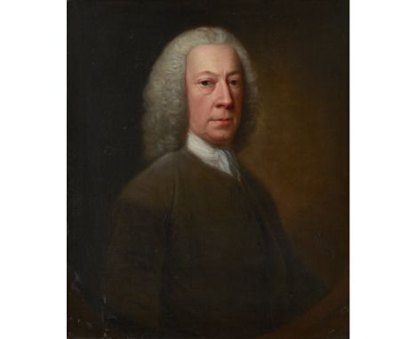 FOLLOWER OF ALLAN RAMSAYHALF LENGTH PORTRAIT OF A GENTLEMAN IN BROWN COAT Oil on canvas76cm x 63cm (30in x 25in)