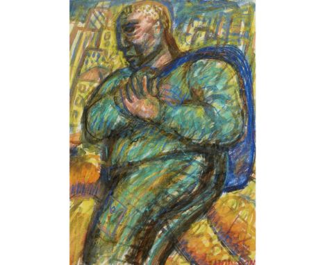 [§] PETER HOWSON (SCOTTISH B. 1958)FIGURE WITH BLUE BAG Signed, mixed media41cm x 28.5cm (16.25in x 11.25in)