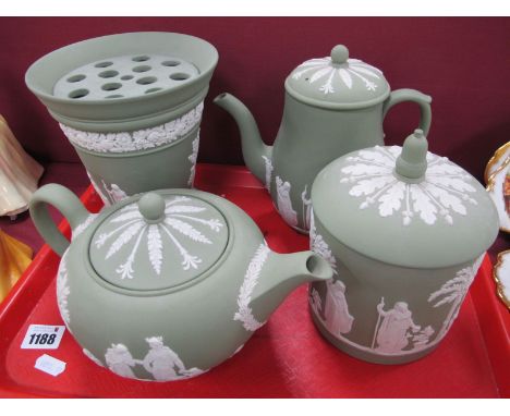 Wedgwood Green Jasper Ware Pottery, teapot, coffee pot, biscuit barrel plus urn, 17.5cm high. (4)