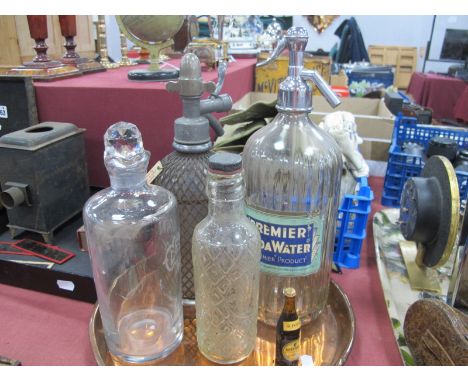 Vintage Pub Bottles and Syphons - A Victorian wire bodied soda syphon with original label, an etched 'Glenovan Whisky' decant