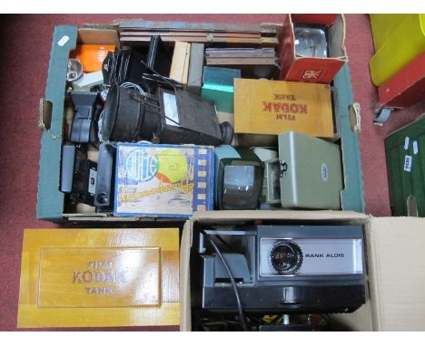 Aldis 2000 Projector. Beards mahogany and brass plate holders, slide projector. Kodak film tank boxes, other photographic and
