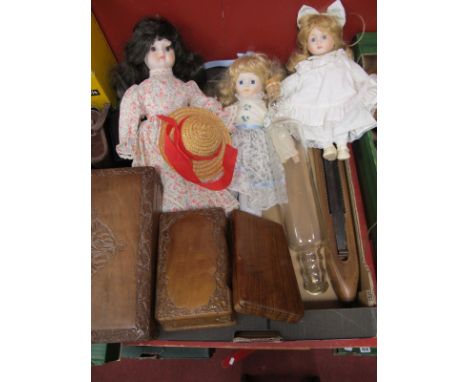 Three Indian Hardwood Boxes, three dolls, loom, glass rolling pin. 