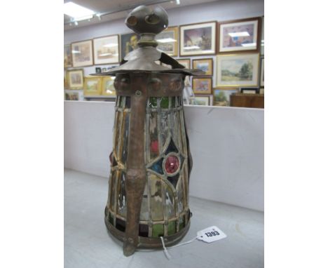 Arts and Crafts Beaten Copper Framed Ceiling Light, of tapering circular form with leaded glass panels in varying colours and