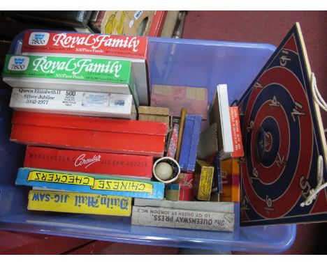 A Quantity of Vintage Juvenalia, to include Daily Mail jigsaw, Chinese Checkers, Ludo, Ships in Harbour jigsaw, Royal jigsaws