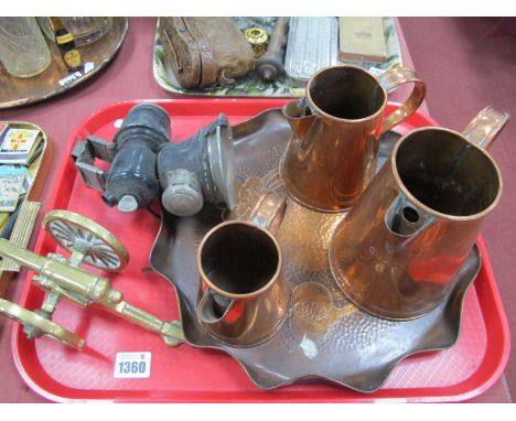 Lucas Carbide lamp, copper tray, three graduated jugs.