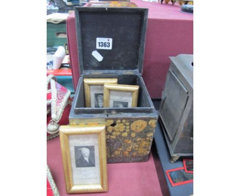 Three XIX Century Engravings Cowper, Pope and more, each image 3.5 x 3cm. Floral tea caddy of cube form. (2)