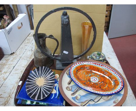 Futuristic Black Pottery Obelisk, with metal ring, on wooden stand, 30cm diameter. Copper jug, terracotta and slip glaze char