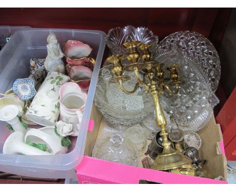 Glassware, brass candelabra, plated sugar caster, pottery jugs, etc:- Two Boxes.