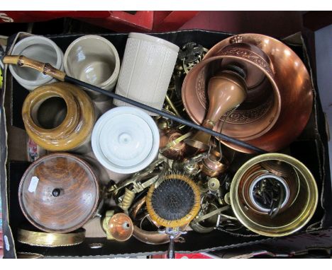 A XIX Century Storage Jar, brass coat hooks. copper bowl, etc:- One Box