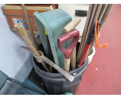 Quantity of Garden Tools, pick axe, canes, in black bin.