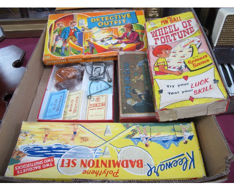 A Selection of Boxed Vintage Toys, including a 1950's Detective Outfit, with it's metal handcuffs and tin fingerprint powder,