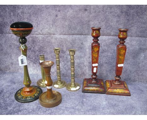 An Early XIX Century Decorative Hand Painted Hat Stand/Pin Cushion, 34cm high, a pair of similar period wooden candlesticks a