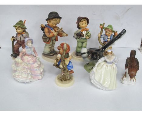 Doulton Small Figurines, 'Hannah' &amp; 'Fair Lady', five Hummel figures, two Goble birds.