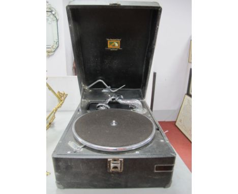 HMV Portable Record Player, having No. 58, swivel arm, in black leatherette casing.