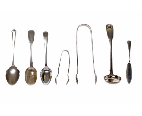 LOT OF SILVER AND WHITE METAL SPOONSvarious makers, including teaspoons, coffee spoons, sugar tongs, sauce ladle, etc, the we