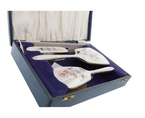 ELIZABETH II SILVER AND GUILLOCHE ENAMEL VANITY SETmaker Barker Ellis Silver Co., Birmingham 1965-68, comprising hair brush, 