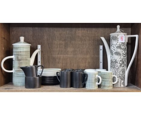A Rye Pottery part coffee service; together with a Portmeirion 'Magic Garden Graphite' coffee pot, 33cm high; and similar cup