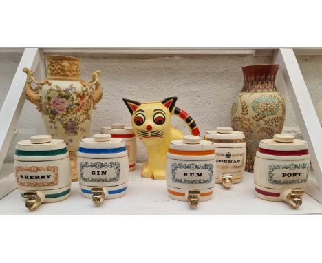 A mixed group of ceramics, to include a Ditmar Urbach Louis Wain style jug, 21cm high, (hairline crack). (9)