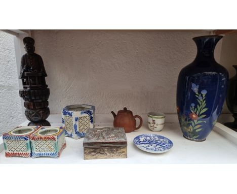 A mixed group of Oriental ceramics and Works of Art, to include a yixing teapot and cover, 8cm high; and an armorial coffee c