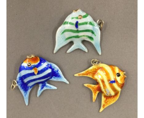 Three silver and enamel fish pendants