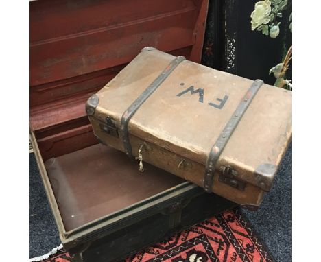 A painted tin trunk, together with a quantity of vintage cases, a vintage dolly and an easel, etc.