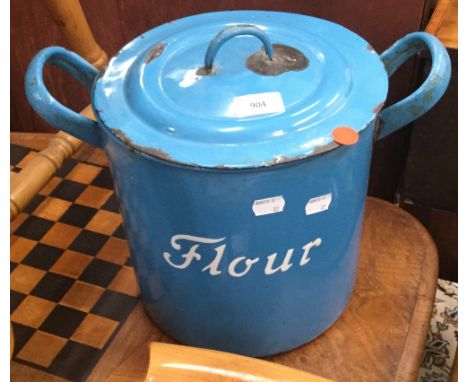 A vintage blue enamel flour bin