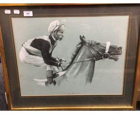 ROBIN ELVIN, Portrait of Lester Piggott, framed and glazed